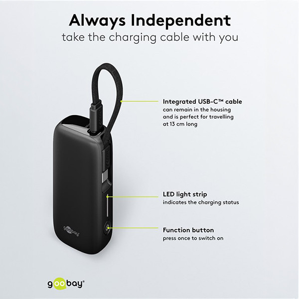 Powerbank met USB-C kabel | 5000 mAh | 1x USB-A, 1x USB-C | Max. 20W | Zwart LDR03654 - 7
