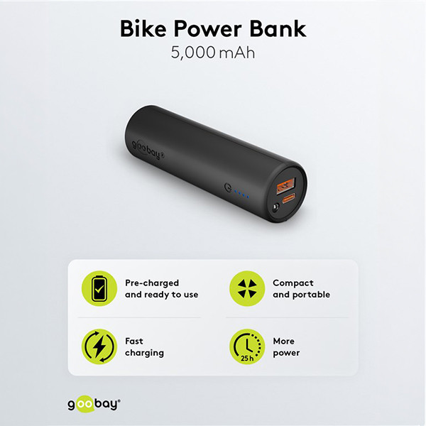 Powerbank met fietshouder | 5000 mAh | USCB-A, USB-C | Zaklamp | Zwart LDR03650 - 2