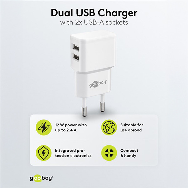 USB-A oplader | 2 poorten | 12W | Wit LDR03638 - 2
