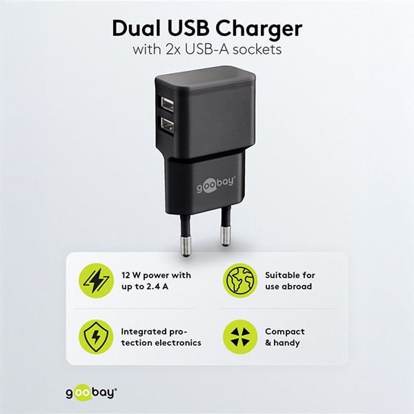 USB-A oplader | 2 poorten | 12W | Zwart LDR03639 - 2