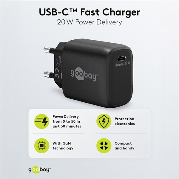 USB-C snellader | 1 poort | 20W | GaN | Power Delivery | Zwart LDR03622 - 3