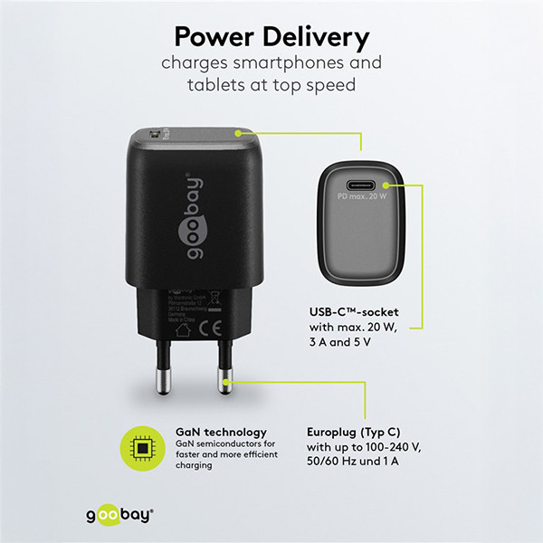 USB-C snellader | 1 poort | 20W | GaN | Power Delivery | Zwart LDR03622 - 5