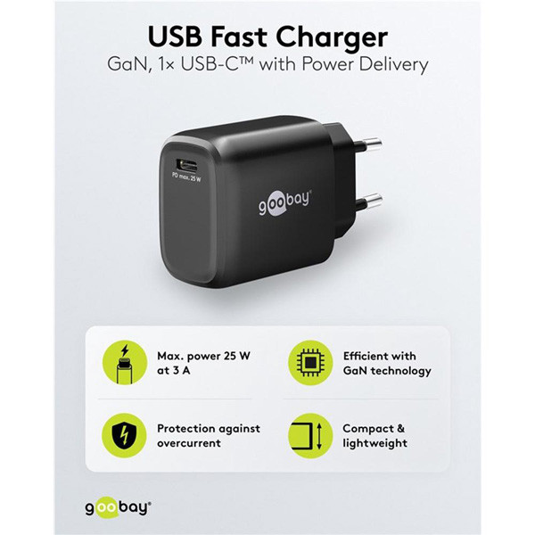 USB-C snellader | 1 poort | 25W | GaN | Power Delivery | Zwart LDR03686 - 3