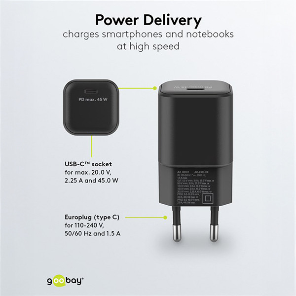 USB-C snellader | 1 poort | 45W | GaN | Power Delivery | Zwart LDR03626 - 5