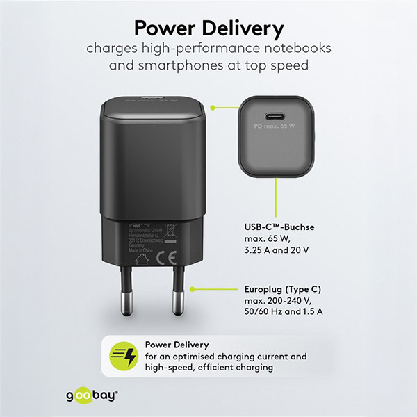 USB-C snellader | 1 poort | 65W | GaN | Power Delivery | Zwart LDR03630 - 5