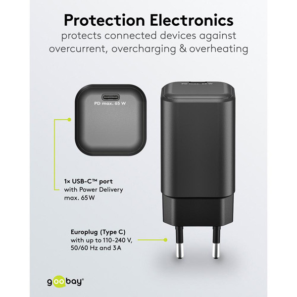 USB-C snellader | 1 poort | 65W | GaN | Power Delivery | Zwart LDR03675 - 7