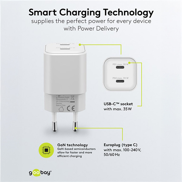 USB-C snellader | 2 poorten | 35W | GaN | Power Delivery | Wit LDR03625 - 6