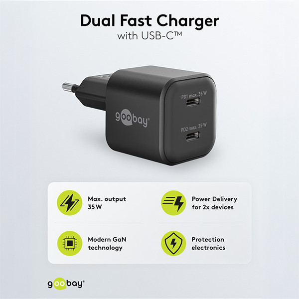USB-C snellader | 2 poorten | 35W | GaN | Power Delivery | Zwart LDR03624 - 3