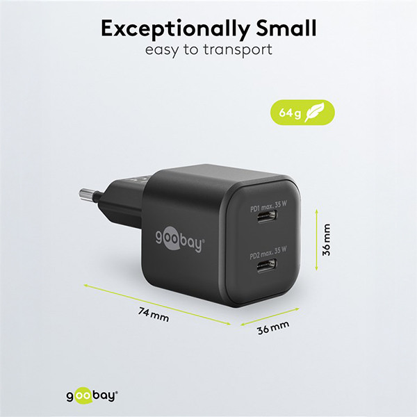 USB-C snellader | 2 poorten | 35W | GaN | Power Delivery | Zwart LDR03624 - 4