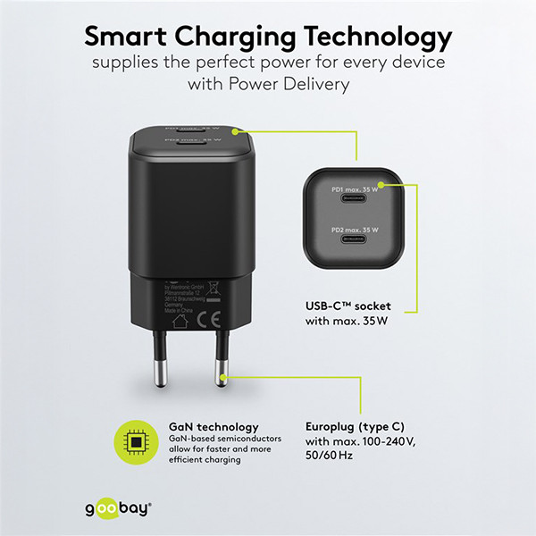 USB-C snellader | 2 poorten | 35W | GaN | Power Delivery | Zwart LDR03624 - 5