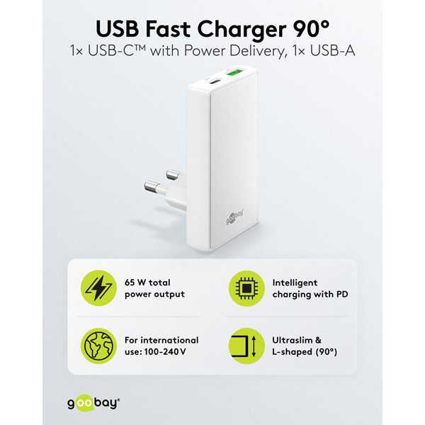 USB-C snellader | 2 poorten | USB-A & USB-C | 65W | GaN | Power Delivery | 90°  flat | Wit LDR03679 - 2