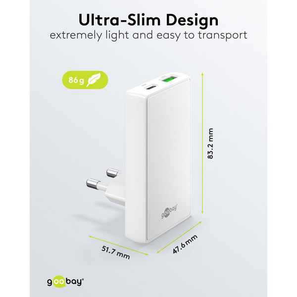 USB-C snellader | 2 poorten | USB-A & USB-C | 65W | GaN | Power Delivery | 90°  flat | Wit LDR03679 - 5