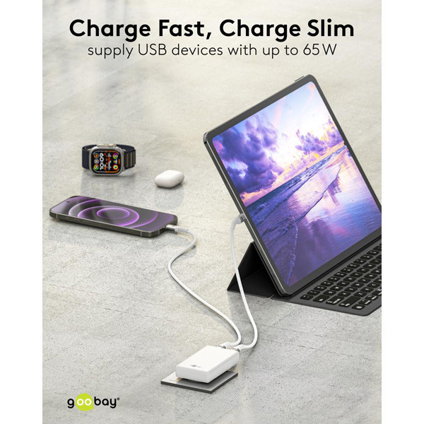 USB-C snellader | 2 poorten | USB-A & USB-C | 65W | GaN | Power Delivery | 90°  flat | Wit LDR03679 - 6