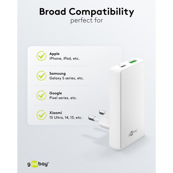 USB-C snellader | 2 poorten | USB-A & USB-C | 65W | GaN | Power Delivery | 90°  flat | Wit LDR03679 - 7