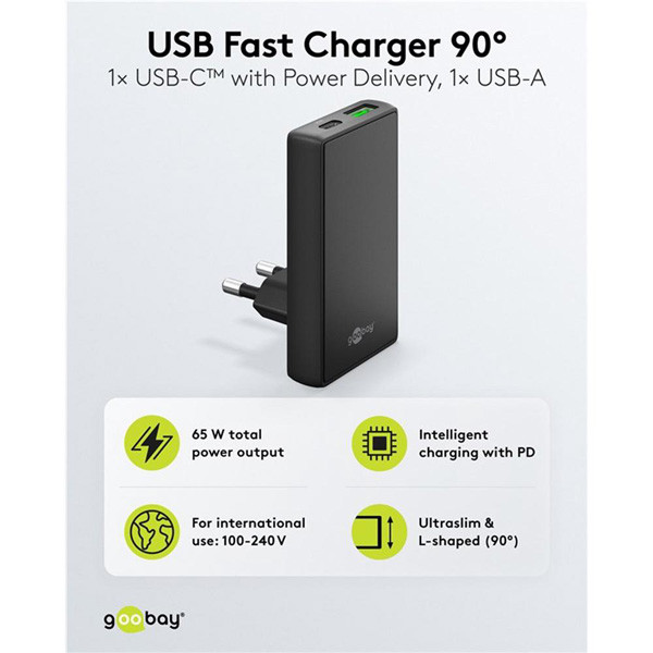 USB-C snellader | 2 poorten | USB-A & USB-C | 65W | GaN | Power Delivery | 90°  flat | Zwart LDR03680 - 2