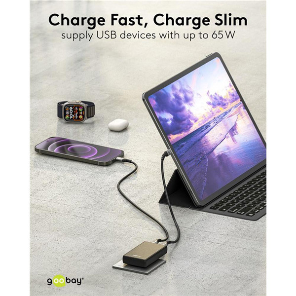 USB-C snellader | 2 poorten | USB-A & USB-C | 65W | GaN | Power Delivery | 90°  flat | Zwart LDR03680 - 6