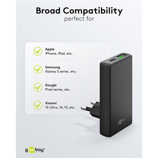 USB-C snellader | 2 poorten | USB-A & USB-C | 65W | GaN | Power Delivery | 90°  flat | Zwart LDR03680 - 7