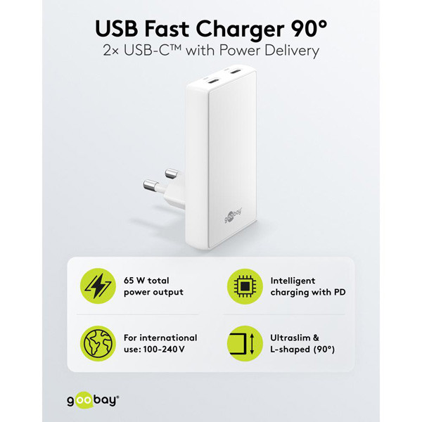 USB-C snellader | 2 poorten | USB-C | 65W | GaN | Power Delivery | 90°  flat | Wit LDR03682 - 2