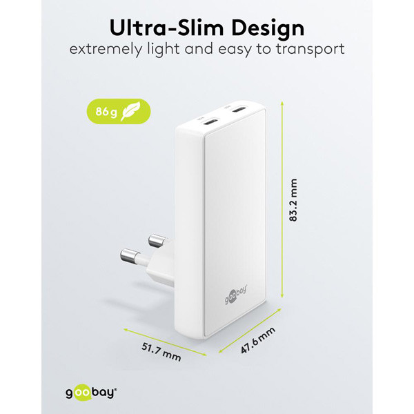 USB-C snellader | 2 poorten | USB-C | 65W | GaN | Power Delivery | 90°  flat | Wit LDR03682 - 5