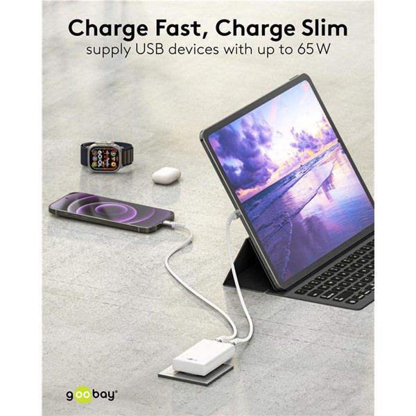 USB-C snellader | 2 poorten | USB-C | 65W | GaN | Power Delivery | 90°  flat | Wit LDR03682 - 6