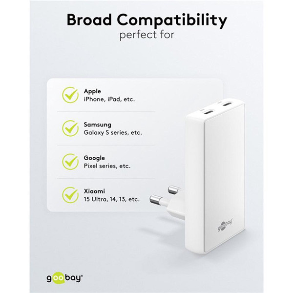 USB-C snellader | 2 poorten | USB-C | 65W | GaN | Power Delivery | 90°  flat | Wit LDR03682 - 7