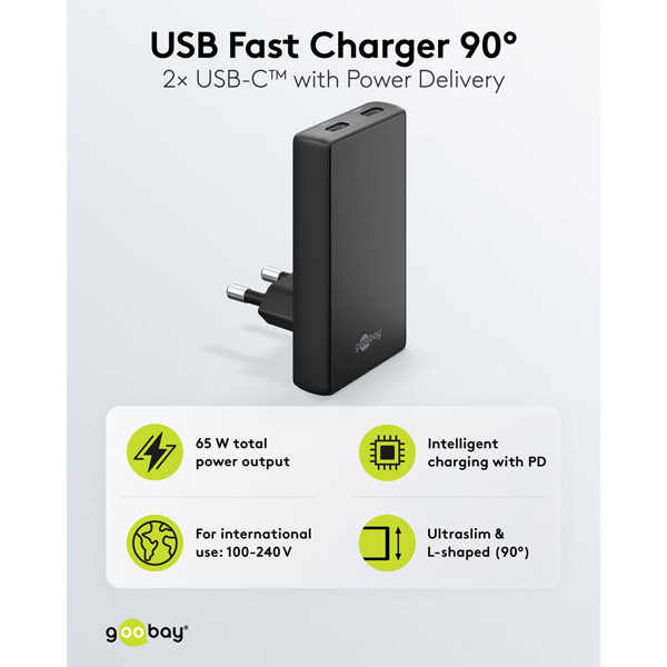 USB-C snellader | 2 poorten | USB-C | 65W | GaN | Power Delivery | 90°  flat | Zwart LDR03681 - 2