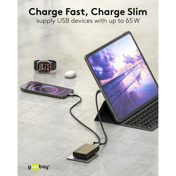 USB-C snellader | 2 poorten | USB-C | 65W | GaN | Power Delivery | 90°  flat | Zwart LDR03681 - 6