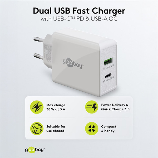 USB multipoort oplader | 2 poorten | USB-A & USB-C | 30W | Power Delivery | Wit LDR03629 - 3