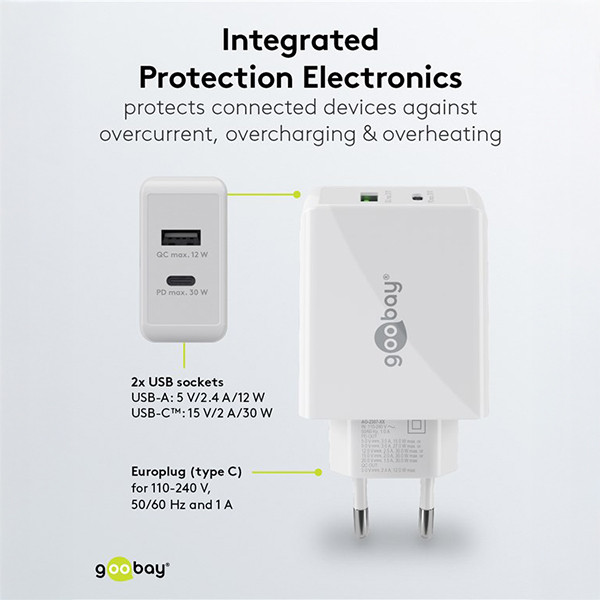 USB multipoort oplader | 2 poorten | USB-A & USB-C | 30W | Power Delivery | Wit LDR03629 - 5