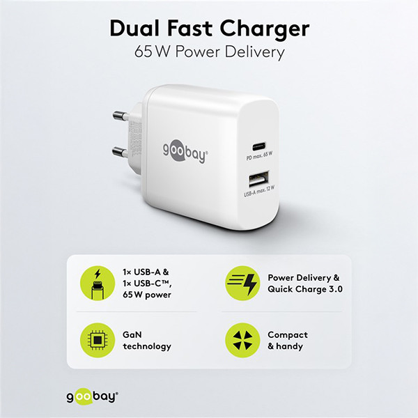 USB multipoort oplader | 2 poorten | USB-A & USB-C | 65W | GaN | Power Delivery | Wit LDR03633 - 2