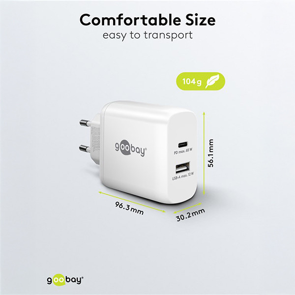 USB multipoort oplader | 2 poorten | USB-A & USB-C | 65W | GaN | Power Delivery | Wit LDR03633 - 3