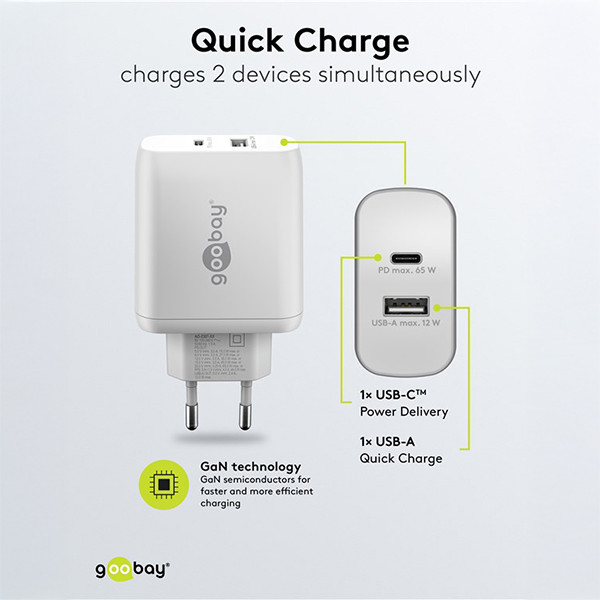 USB multipoort oplader | 2 poorten | USB-A & USB-C | 65W | GaN | Power Delivery | Wit LDR03633 - 4