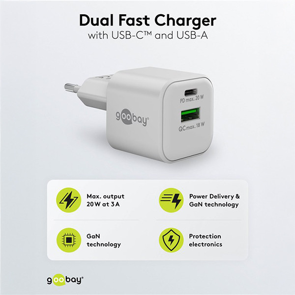USB multipoort snellader | 2 poorten | USB-A & USB-C | 20W | GaN | Power Delivery | Wit LDR03648 - 2