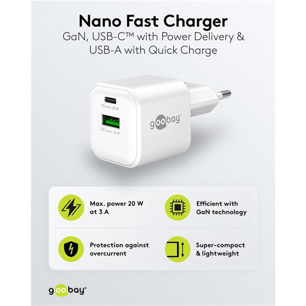 USB multipoort snellader | 2 poorten | USB-A & USB-C | 20W | GaN | Power Delivery | Wit LDR03687 - 3