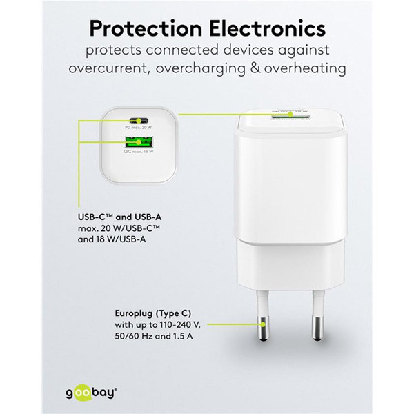 USB multipoort snellader | 2 poorten | USB-A & USB-C | 20W | GaN | Power Delivery | Wit LDR03687 - 5
