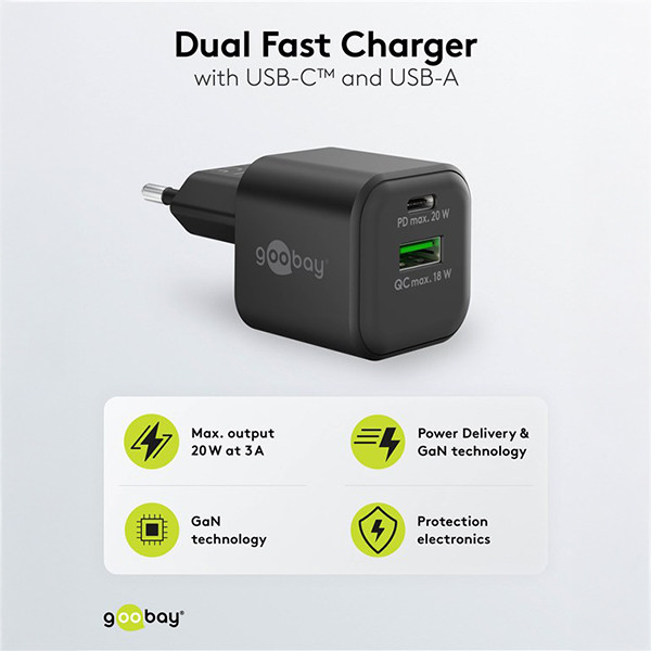 USB multipoort snellader | 2 poorten | USB-A & USB-C | 20W | GaN | Power Delivery | Zwart LDR03649 - 2
