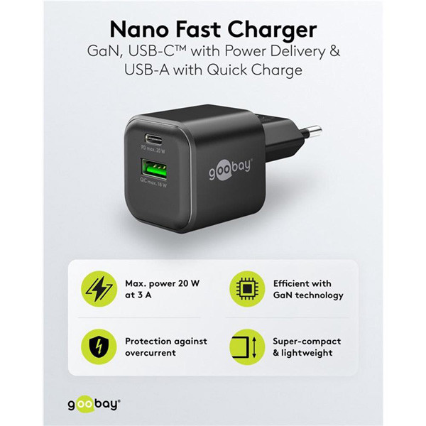 USB multipoort snellader | 2 poorten | USB-A & USB-C | 20W | GaN | Power Delivery | Zwart LDR03688 - 3
