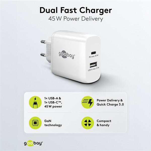 USB multipoort snellader | 2 poorten | USB-A & USB-C | 45W | GaN | Power Delivery | Wit LDR03642 - 2