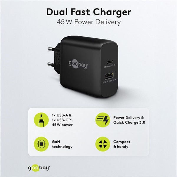 USB multipoort snellader | 2 poorten | USB-A & USB-C | 45W | GaN | Power Delivery | Zwart LDR03643 - 2