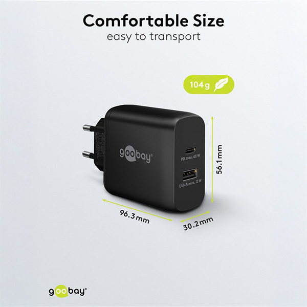 USB multipoort snellader | 2 poorten | USB-A & USB-C | 45W | GaN | Power Delivery | Zwart LDR03643 - 3