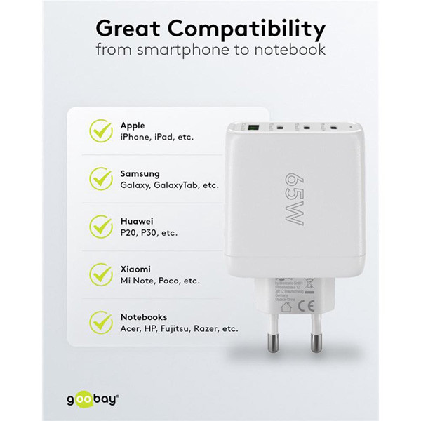 USB multipoort snellader | 4 poorten | USB-A & USB-C | 68W | GaN | Power Delivery | Wit LDR03678 - 3