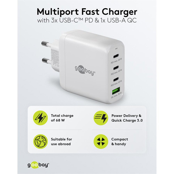 USB multipoort snellader | 4 poorten | USB-A & USB-C | 68W | GaN | Power Delivery | Wit LDR03678 - 4