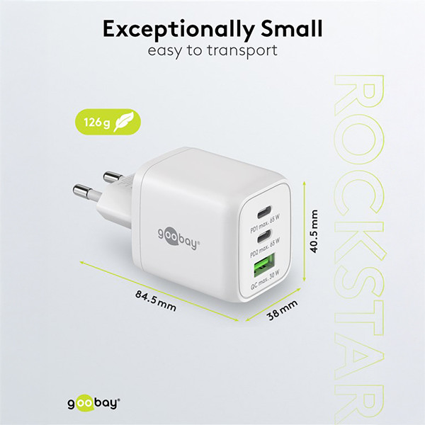 USB multipoort snellader Nano | 3 poorten | USB-A & USB-C | 65W | GaN | Power Delivery | Wit LDR03644 - 4