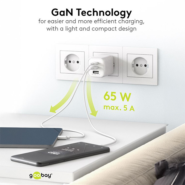 USB multipoort snellader Nano | 3 poorten | USB-A & USB-C | 65W | GaN | Power Delivery | Wit LDR03644 - 6