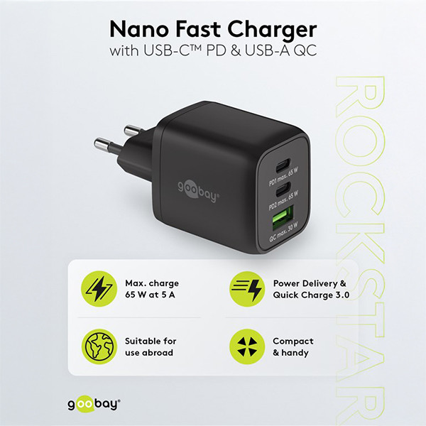 USB multipoort snellader Nano | 3 poorten | USB-A & USB-C | 65W | GaN | Power Delivery | Zwart LDR03645 - 3