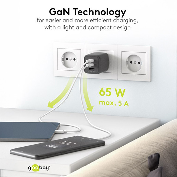 USB multipoort snellader Nano | 3 poorten | USB-A & USB-C | 65W | GaN | Power Delivery | Zwart LDR03645 - 6