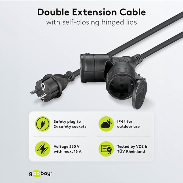 Verlengkabel 10 meter voor buiten | 2-voudig | Type F, CEE 7/3 | Max. 3680W | IP44 | Zwart LDR03659 - 3
