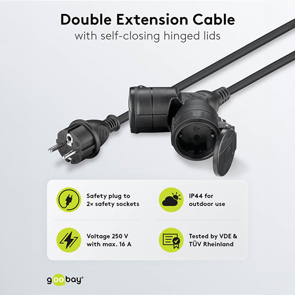 Verlengkabel 5 meter voor buiten | 2-voudig | Type F, CEE 7/3 | Max. 3680W | IP44 | Zwart LDR03658 - 3