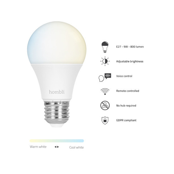 Hombli Smart Bulb E27 | Instelbaar wit | 1 stuk | 9W | 2700K-6500K  LHO00022 - 2