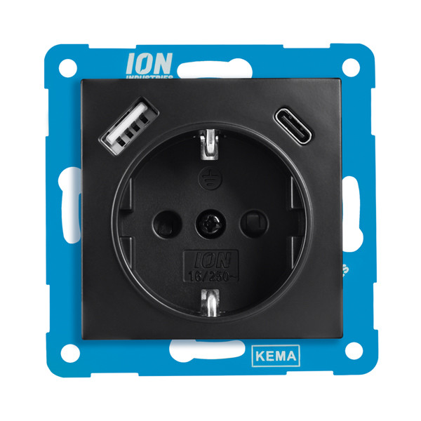 ION Industries Stopcontact met randaarde en kinderbeveiliging E1 | USB A + USB C | Mat zwart  LIO00336 - 1